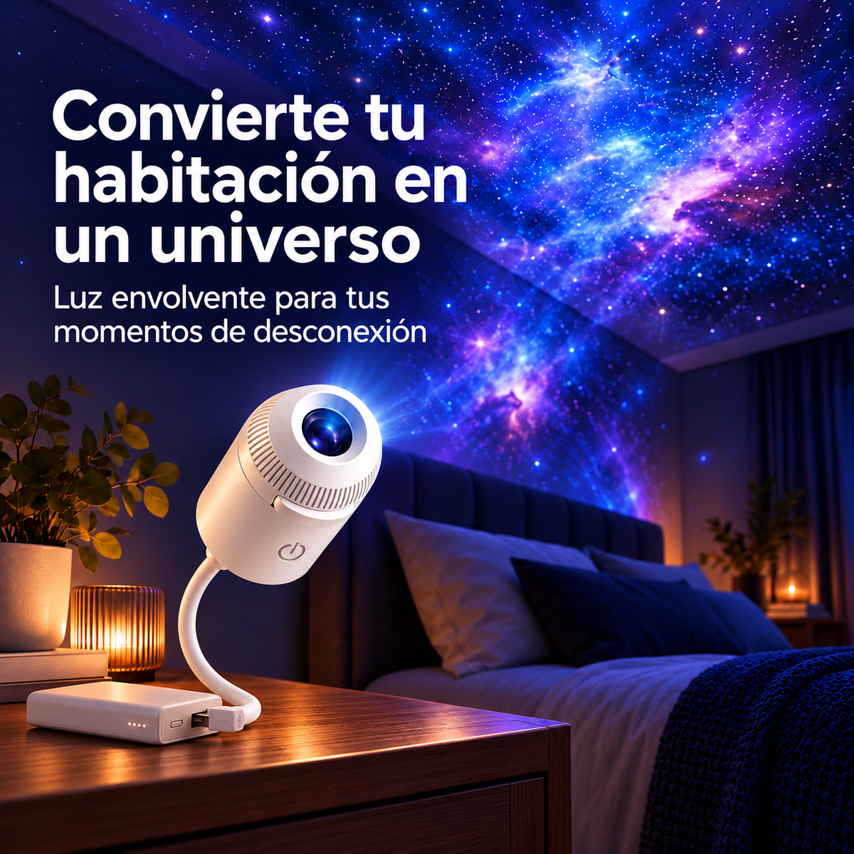 Proyector USB conectado a batería externa en dormitorio con luces de galaxia