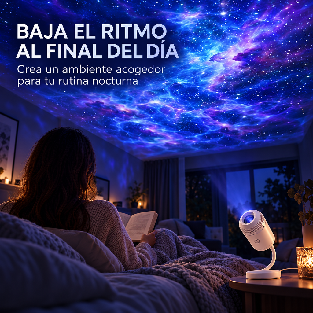 Ambiente nocturno acogedor con proyección de galaxia