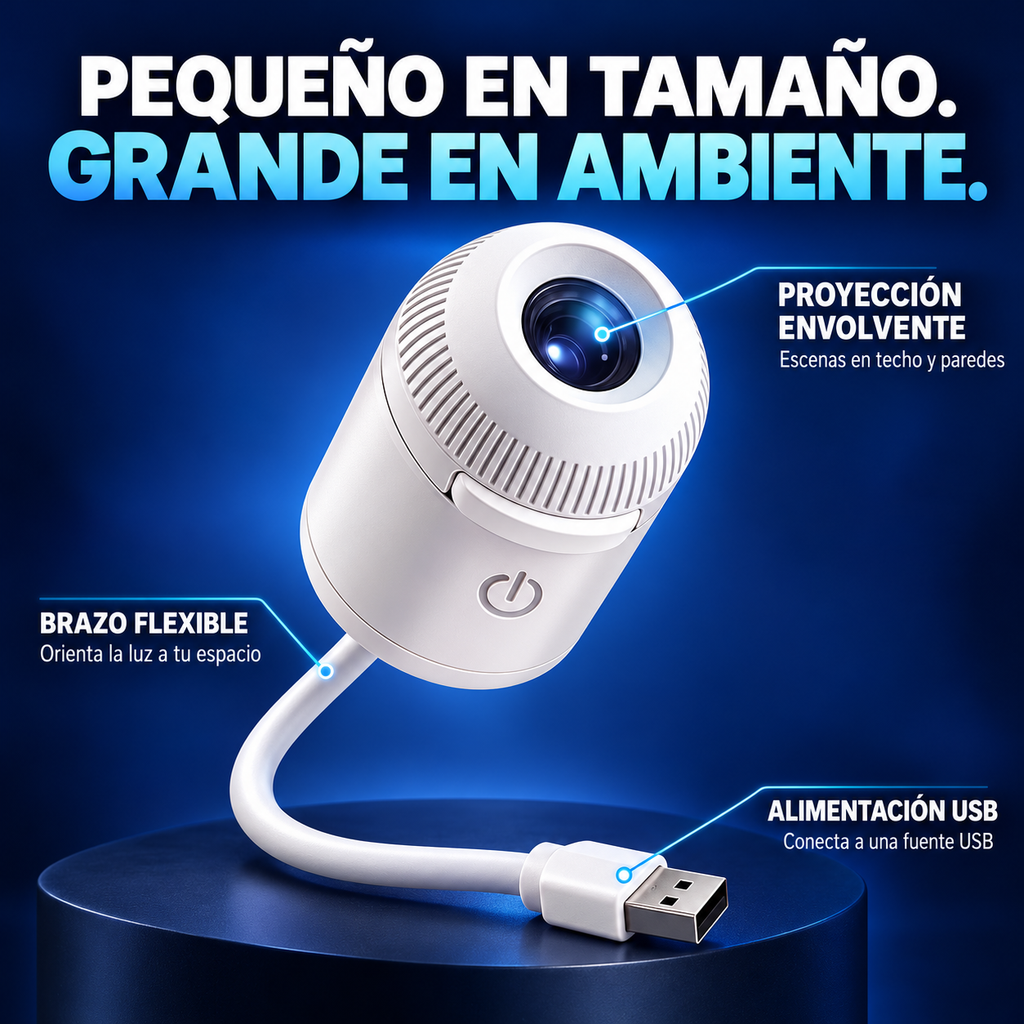 Detalle del proyector con lente, brazo flexible y conexión USB